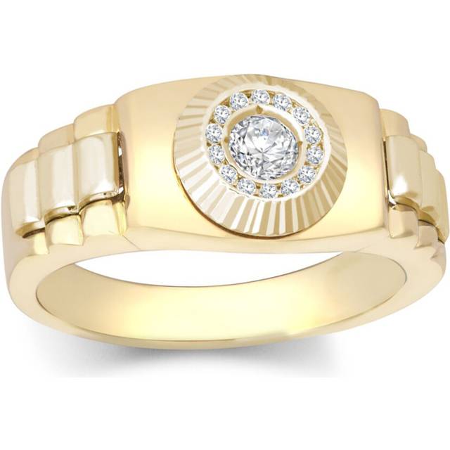 (Z) Jewelco London Unisex Solid 9ct Yellow Gold White Round Brilliant Cubic Zirconia Fluted Sunburst Bezel Watch Strap Cluster Solitaire Ring - JRN572