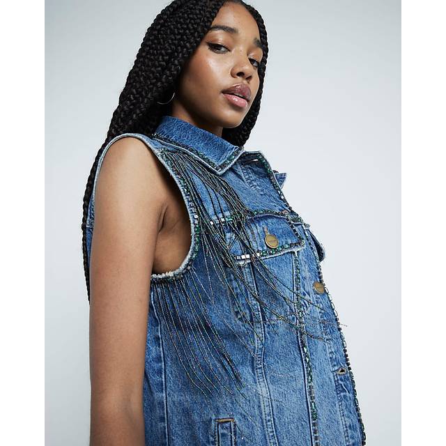 River Island Womens Blue Denim Fringed Sleeveless Jacket - XS
