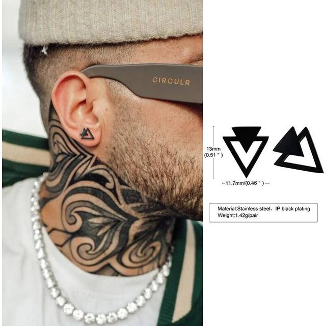 (1 pair ES352B) Mens Stud Earring Triangle Pierced Crystal Zircon Stud Earrings