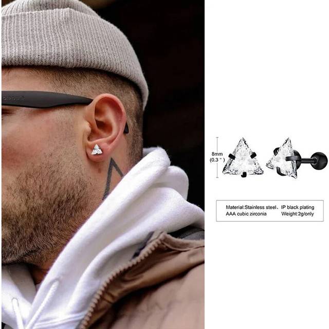 (1 pair ES341B) Mens Stud Earring Triangle Pierced Crystal Zircon Stud Earrings