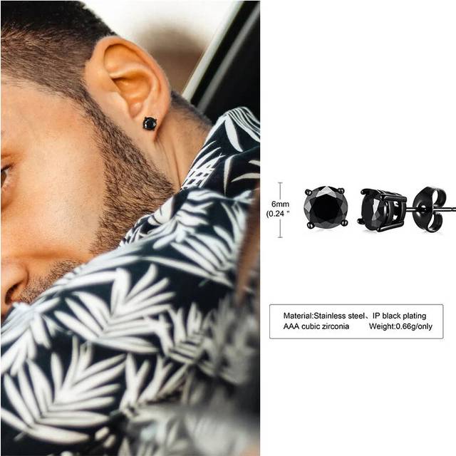 (1 pair ES325B) Mens Stud Earring Triangle Pierced Crystal Zircon Stud Earrings