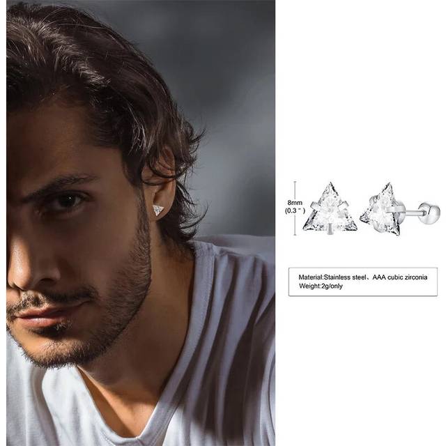 (1 pair ES341S) Mens Stud Earring Triangle Pierced Crystal Zircon Stud Earrings
