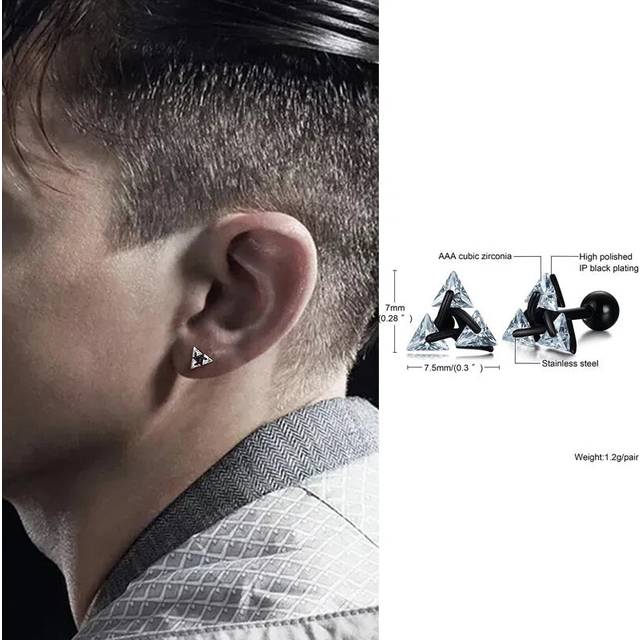 (1 pair ES316B) Mens Stud Earring Triangle Pierced Crystal Zircon Stud Earrings