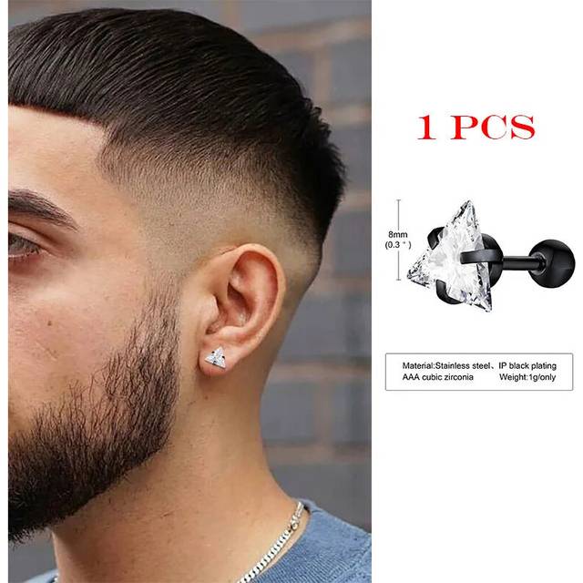 (1PC ES341B1) Mens Stud Earring Triangle Pierced Crystal Zircon Stud Earrings