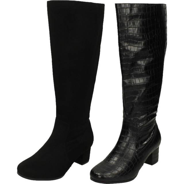 (Black Microfibre, UK 4) Ladies Spot On Extra Wide Fitting Knee High Boots F51131