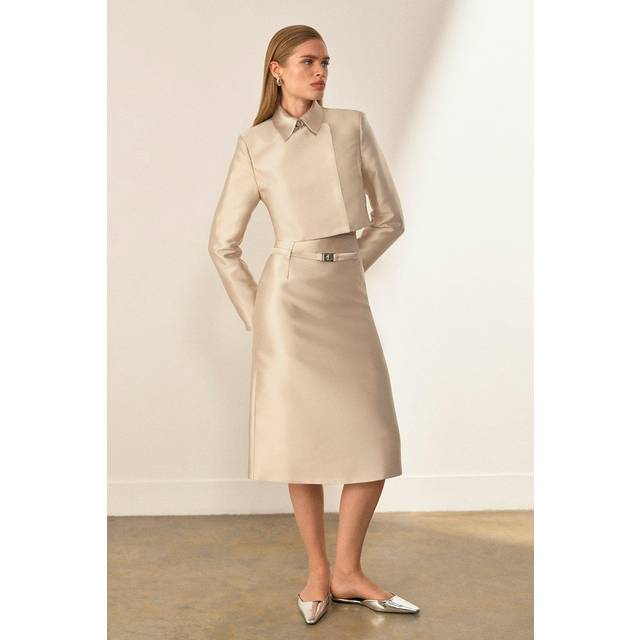 Satin Twill Belted Tailored Midi Skirt - Champagne