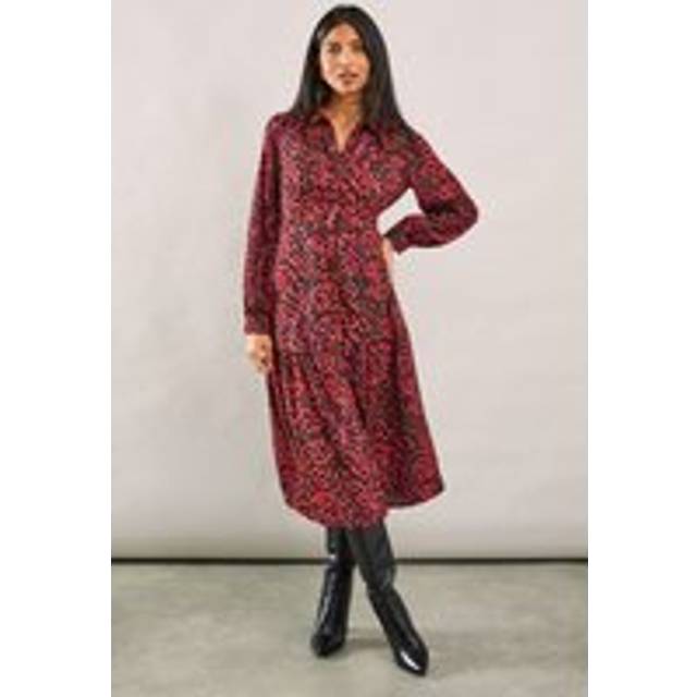 Womens Red Abstract Woven Collared Shirt Dress - 10