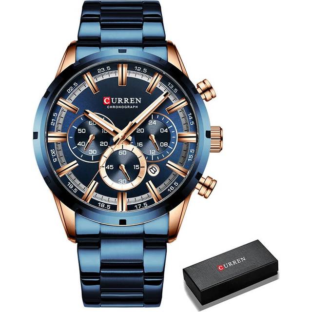 (Rose Gold Blue Box) Luxury Sports Quartz Mens Watch Waterproof Chronograph Wristwatch
