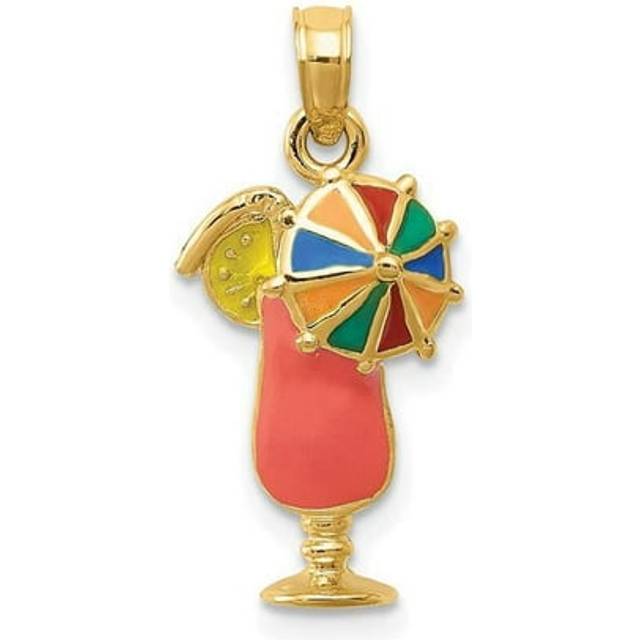 14K Yellow Gold Pink Enameled Tropical Drink Pendant