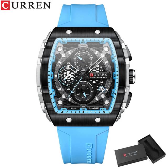 (sky blue box, CHINA) Mens Square Quartz Wristwatch Waterproof Luminous Chronograph Watch - Blue