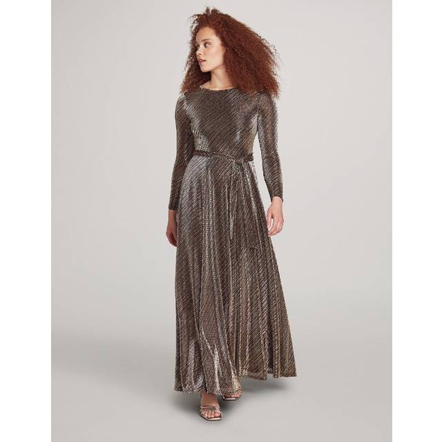 Anne Klein Women's Printed Mesh Long Sleeve Maxi Dress in Gold/Anne Black size Medium