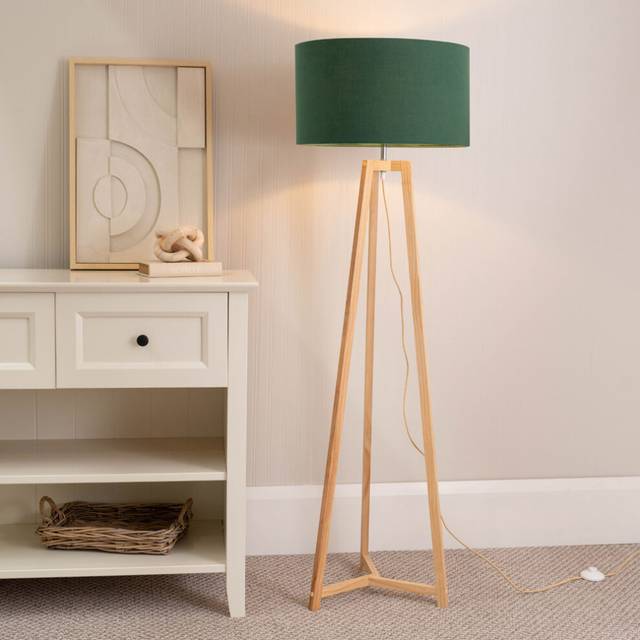 Lottie Natural Wood Tripod Floor Lamp with Fabric Drum Shade - Green - One Size