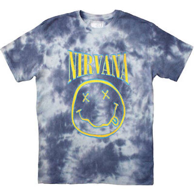(S, Blue) Nirvana Blue Stroke Grunge Smile Dye Wash T Shirt