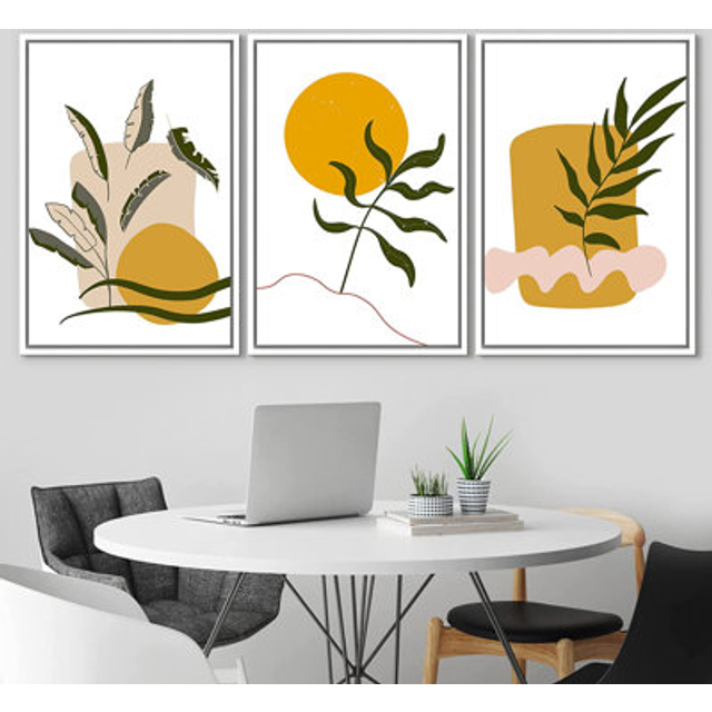 IDEA4WALL Framed Wall Art Print Set Green  Tan 3D Square Illusions Geometric Flower Illustrations Modern Art Rustic Colorful fo