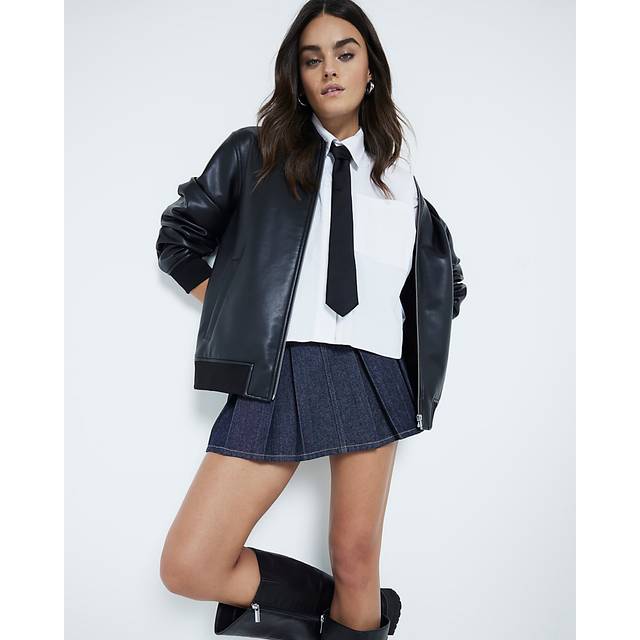 River Island Womens Dark Blue Denim Belted Pleated Mini Skirt - 6