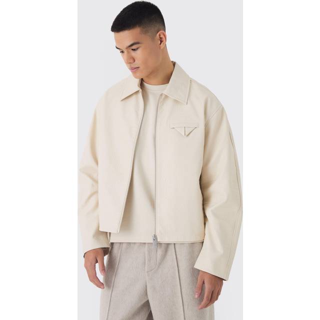 Mens Boxy Textured PU Collared Bomber Jacket In Ecru