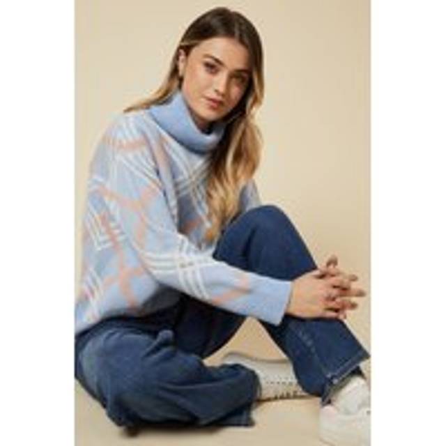 Womens Argyle Roll Neck Jumper - Baby Blue - S