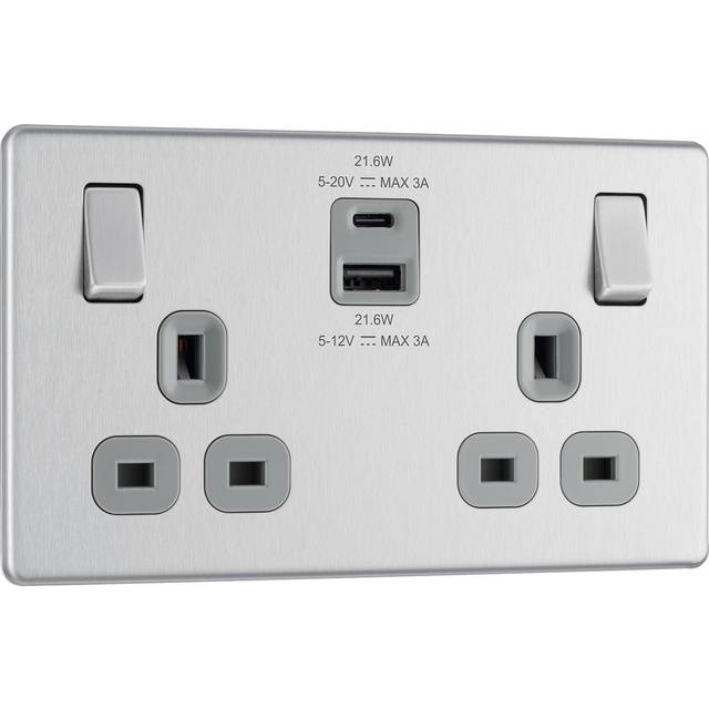 BG Screwless Flatplate Brushed Steel 13A Power Socket With USB A+C 22W 2 Gang in Silver Plastic