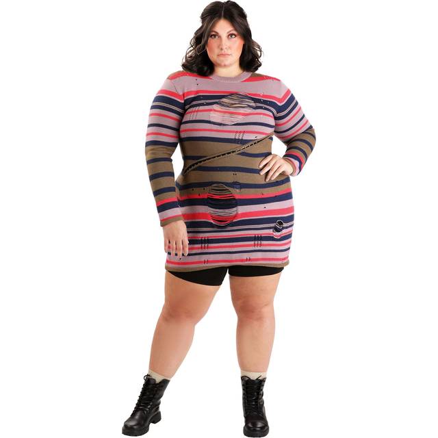 Plus Size Astrid Striped Distressed Sweater Dress - Black&#47;Blue&#47;Red (4X)