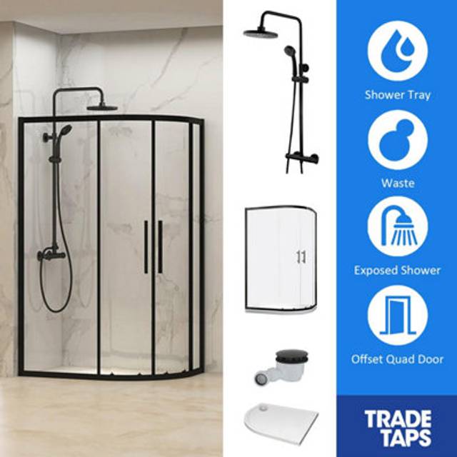 Synergy Designer Black 2 Door 800 x 1200mm, Tray, Waste & Trisen Shower Full Set Offset Quad