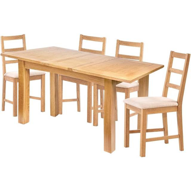 Camberley Oak Butterfly Extendable Dining Table and Chairs Set 4, Wooden Kitchen Table with 4 Ladder Back Chairs in Beige Fabric Seats for Home &