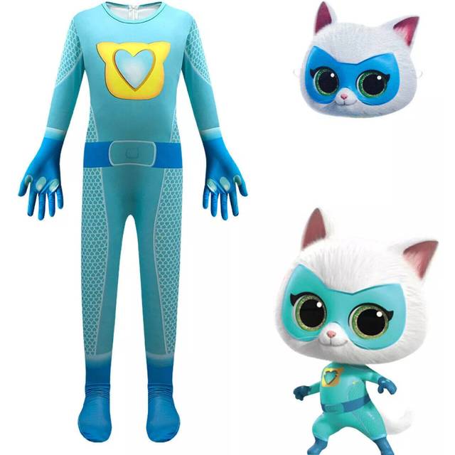 (Blue Jumpsuit+Mask, 100/2-3Years) Kids SuperKitties Cat Cosplay Costume Jumpsuit Mask Fancy Dress Outfit Gifts