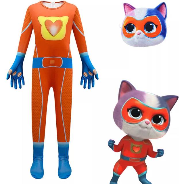 (Orange Jumpsuit+Mask, 150/8-9Years) Kids SuperKitties Cat Cosplay Costume Jumpsuit Mask Fancy Dress Outfit Gifts