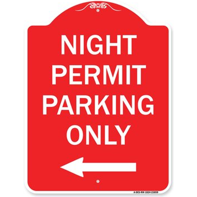 SignMission A-DES-RW-1824-23859 18 x 24 in. Designer Series Sign - Night Permit Parking Only with Left Arrow, Red & White