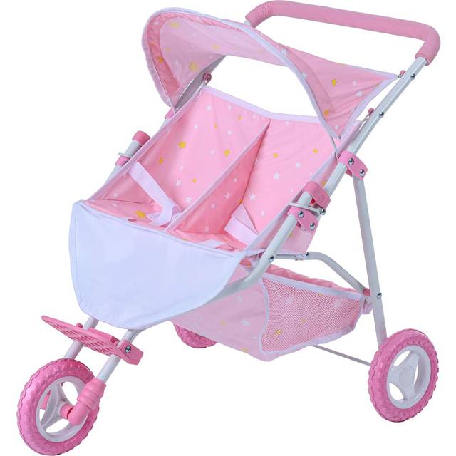 Teamson Kids - Olivia's Little World Double Twin Baby Doll Pram Stroller Pushchair Pink Stars OL-00012
