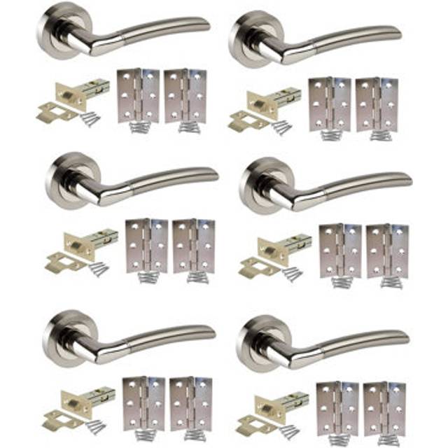 Golden Grace 6 Sets Indiana Style Modern Door Handles on Round Rose in Dual Finish with Latch - Satin (14cm W)