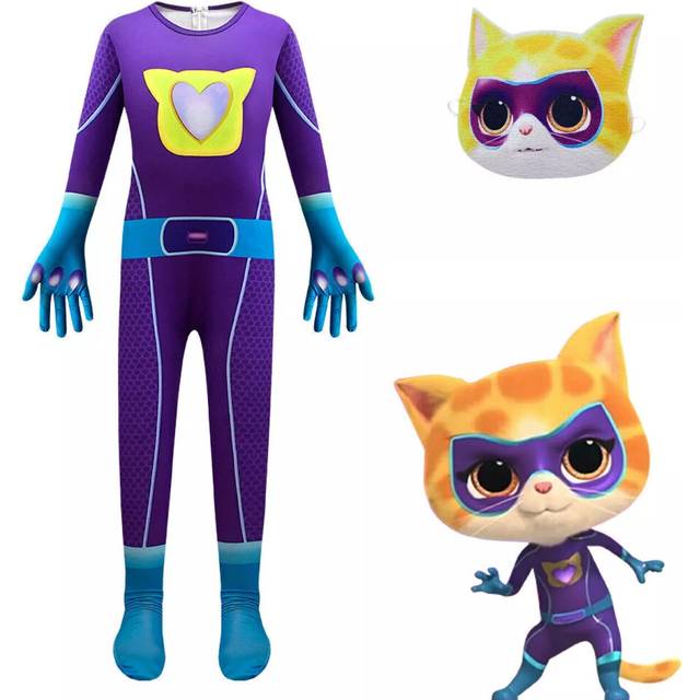 (Purple Jumpsuit+Mask, 130/6-7Years) Kids SuperKitties Cat Cosplay Costume Jumpsuit Mask Fancy Dress Outfit Gifts