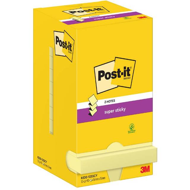 Post-it Super Sticky Z-Notes 76x76mm 90 Sheets Canary Yellow (Pack 12)