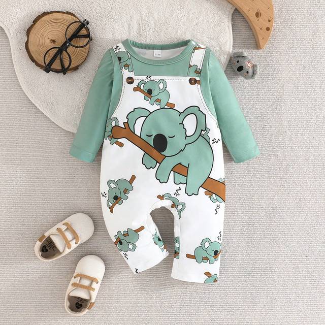 SHEIN Baby Boy Cartoon Koala Print Long Sleeve Rompers Casual Jumpsuit