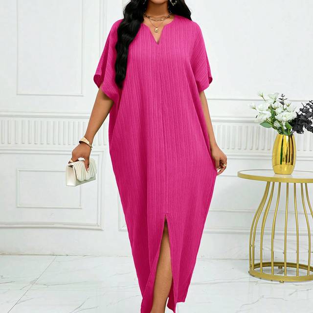 SHEIN Autumn And Winter Solid Textured Notched Neck Batwing Sleeve Long Kaftan Dress