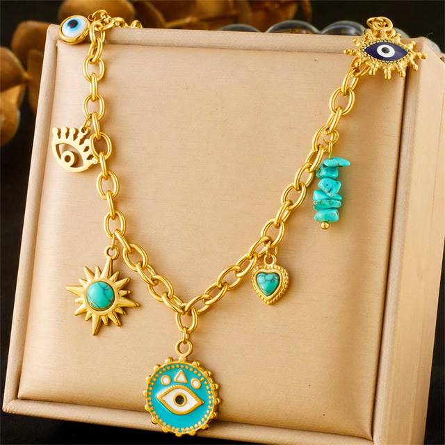 SHEIN 1pc Gold-Plated Stainless Steel Evil Eye & Heart Pendant Necklace, Vintage Valentines