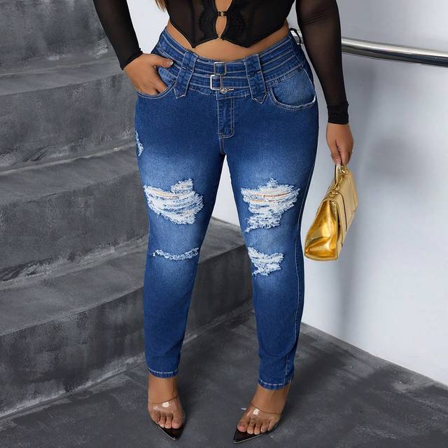SHEIN Plus Size Elastic Denim Skinny Ripped Jeggings