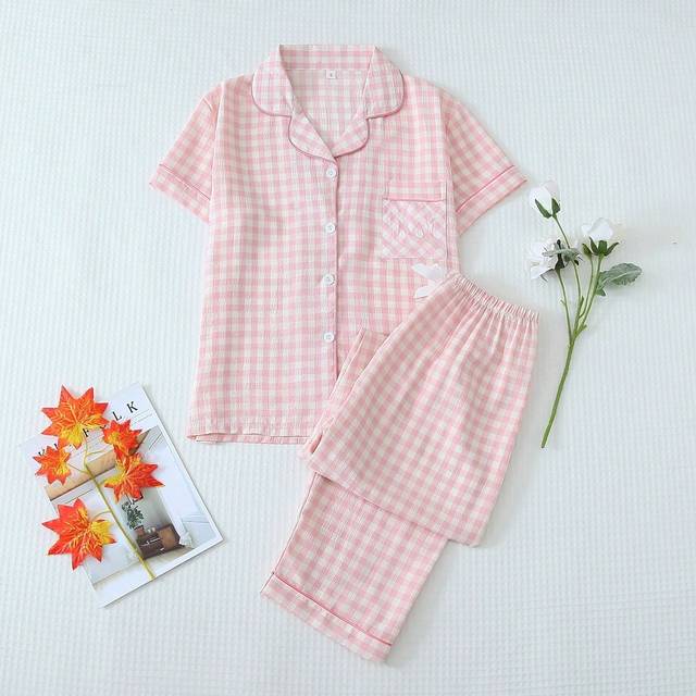 SHEIN 2pcs Women Plaid Print Pajamas Set, Short Sleeve Button Down Shirt And Pants, Casual Sleepwear For Home Use, Spring, Two Pieces Set