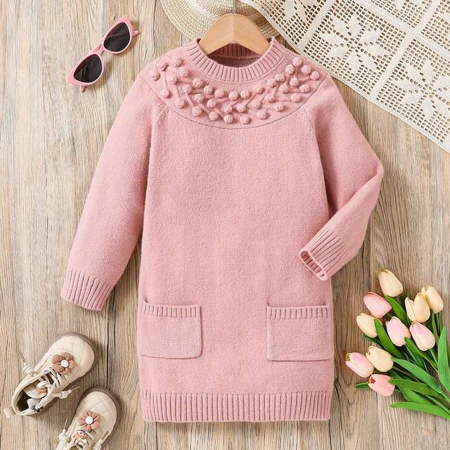 SHEIN Young Girl Cute Casual Fashion Mid-Length Long Sleeve Pocket Handmade Crochet Wave Pattern Dress