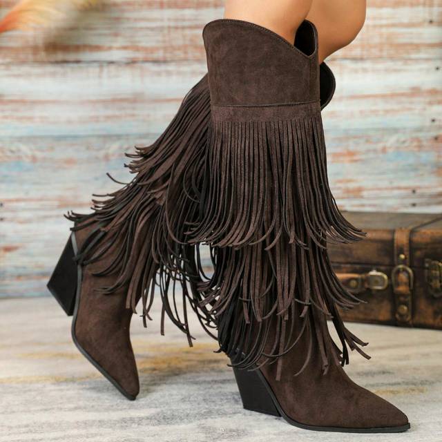 SHEIN Women Brown Knee-High Geometric Fringed Decor Side Zip Faux Suede Chunky Heel Boots, Wooden Grain High-Heel Pointed Toe Comfy Western Cowgirl Boots