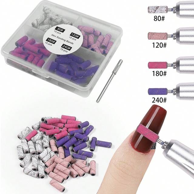 klimonla 60pcs 4Grits With Mini Mandrel Nail Art 3mm Mini Grinding Sand Ring Bands Set Electric Grinding Machine Nail Grinding Head Nail