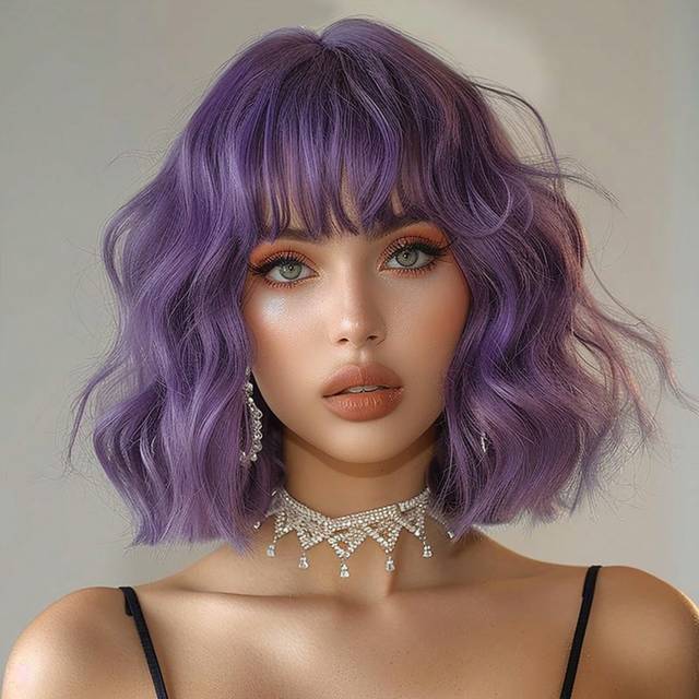 SHEIN Purple Short Curly Bob Wigs With Bangs For Women 12 Inch Synthetic Curly Bob Wig For Girl Natural Looking Summer Daily Party Cosplay Use