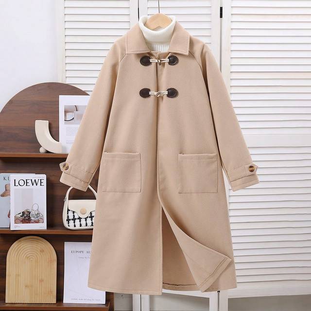 SHEIN Tween Girls Autumn Winter Collegiate Style Knitted Coat, Long Knitted Trench With Horn Buttons For Girls