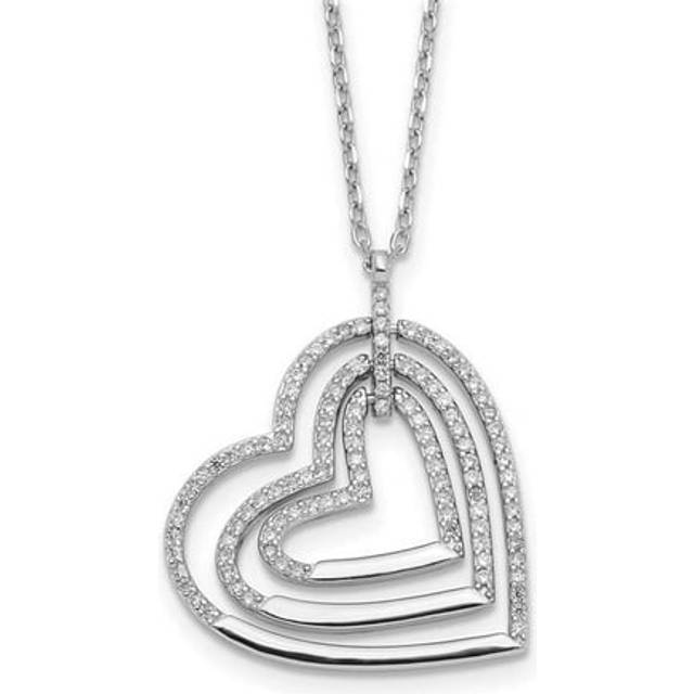 Sterling Silver Rhodium-Plated Triple Open CZ Heart with 2 in. Extension Necklace