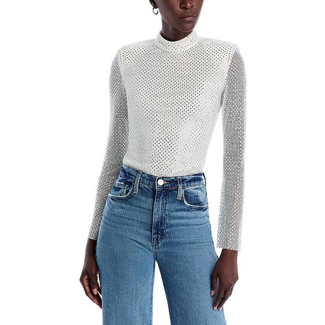 Self Portrait, Topp, Dam, S, Polyester, Rhinestone Fishnet Shirt Silver - gray (S)