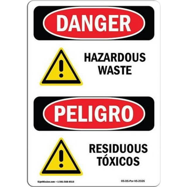 SignMission OS-DS-A-1014-VS-2026 10 x 14 in. OSHA Danger Sign - Hazardous Waste - Residuos Toxicos