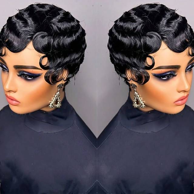 SHEIN Retro Finger Wave Wigs 4 Inch Short Curly Wig For Elegant Women Human Hair Black Color