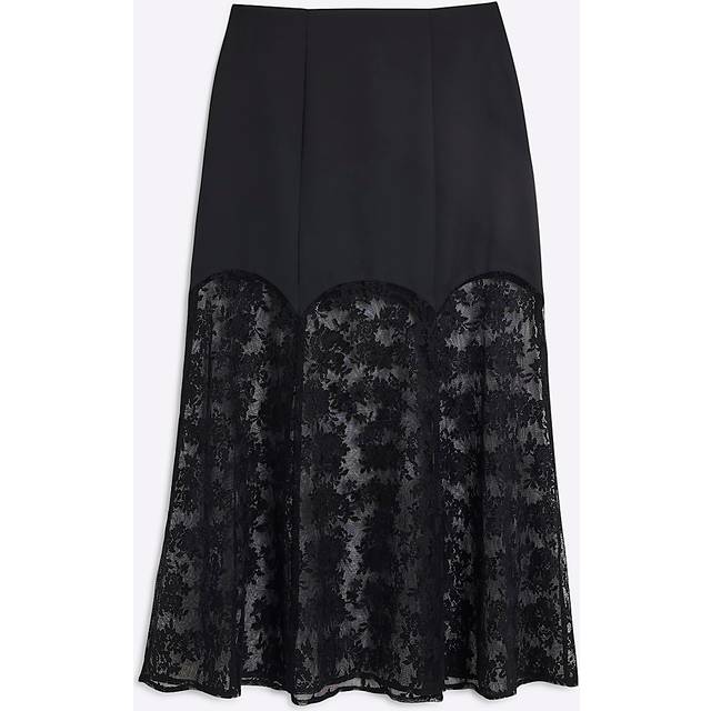 River Island Womens Petite Black Satin Lace Midi Skirt - 12