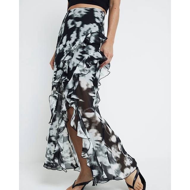 River Island Womens Black Chiffon Floral Frill Maxi Skirt - 8