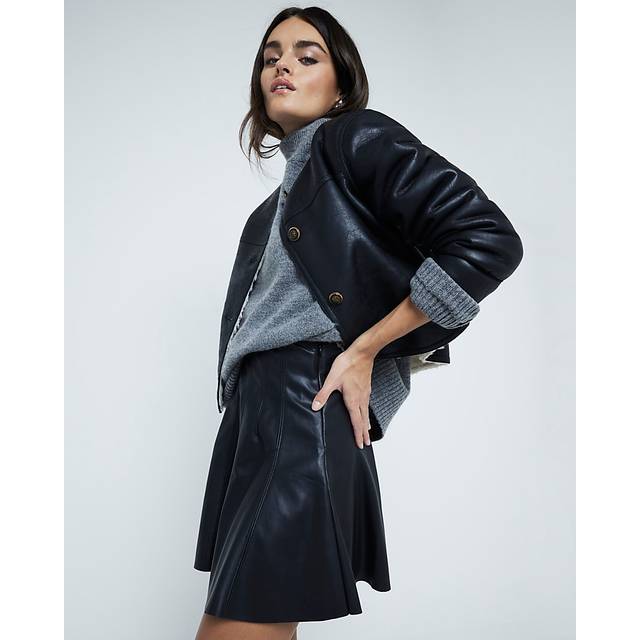 River Island Womens Black Faux Leather Flared Mini Skirt - 16
