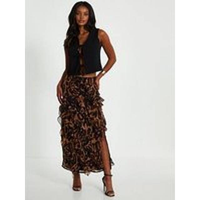 Print Asymmetric Frill Maxi Skirt - Brown - Size 8 - Quiz